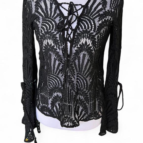 Black Sheer Lace Fairy Goth Top with Tie Front & Bell Sleeves (UK 8 / US 4) - Picture 1 of 8